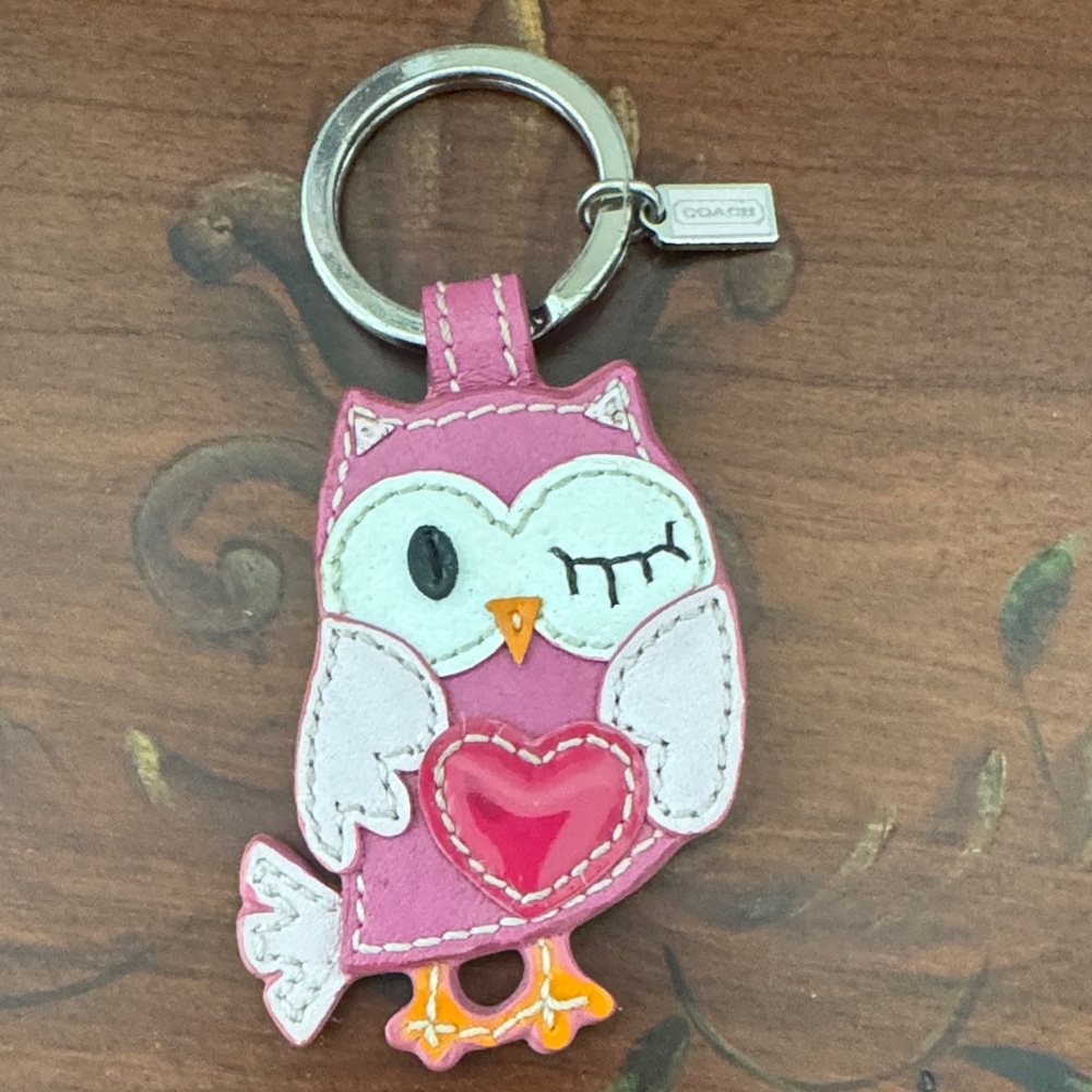 Coach Pink Owl Keychain with Heart